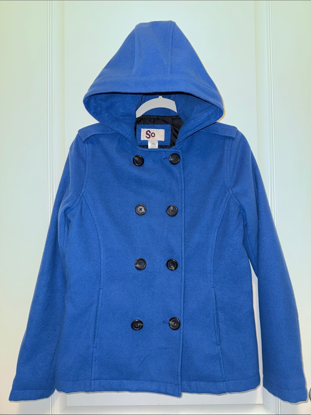 SO women's Hooded Double-Breasted Blue Peacoat size large like new condition